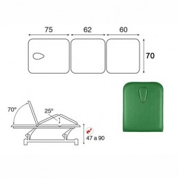 Esquema y movimientos de la camilla eléctrica 3 cuerpos para masajes y terapias Ecopostural C3525T13M64