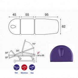 Esquemas y movimientos de la camilla eléctrica de 3 cuerpos para tratamientos, masajes y terapias Ecopostural C5521T10