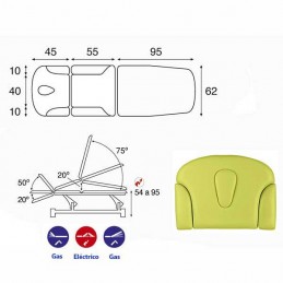 Esquema y movimientos de la camilla eléctrica 3 cuerpos Ecopostural C5531T01 para tratamientos, masajes y terapias