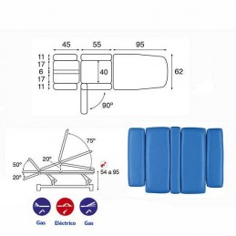 Esquema y movimientos de la camilla eléctrica 3 cuerpos Ecopostural C5532T03 para tratamientos, masajes y terapias