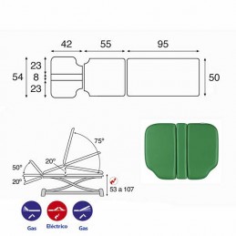 Esquema y movimientos de la camilla eléctrica 3 cuerpos y estructura tijera Ecopostural C7991T05 para osteopatía y tratamientos