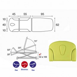 Esquema y movimientos de la camilla eléctrica 3 cuerpos Ecopostural C7931T01 para tratamientos, masajes y terapias