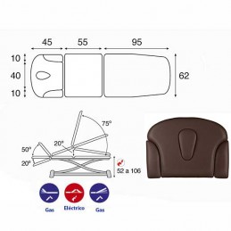 Esquema y movimientos de la camilla eléctrica multifuncional de 3 cuerpos Ecopostural C7930T01