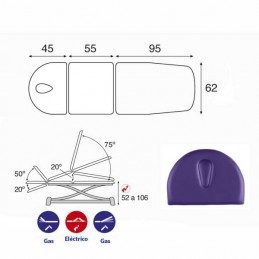 Esquema y movimientos de la Camilla eléctrica técnica de 3 cuerpos Ecopostural C7921T10M47 para tratamientos y terapias