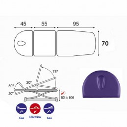 Esquema y movimientos de la Camilla eléctrica técnica de 3 cuerpos Ecopostural C7921T10M67 para tratamientos y terapias