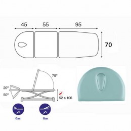 Esquema y movimientos de la camilla eléctrica técnica de 3 cuerpos Ecopostural C7910T10M67 para tratamientos, masajes y terapias